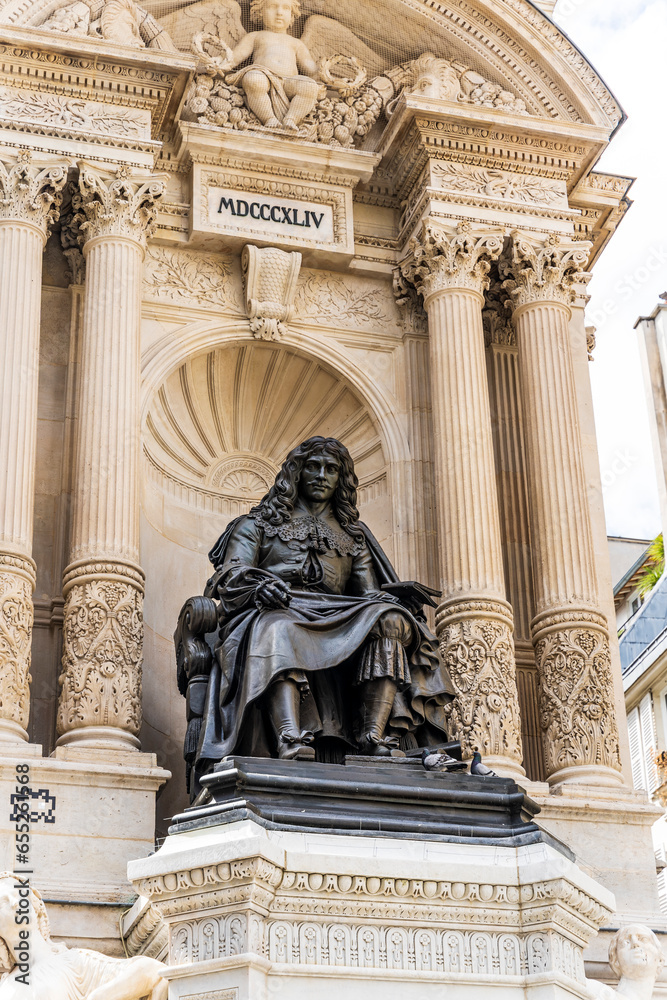 Fontaine Molière, fountain in the 1st arrondissement built in the 19th century and dedicated to the playwright Moliere, Paris city centre, France - obrazy, fototapety, plakaty 