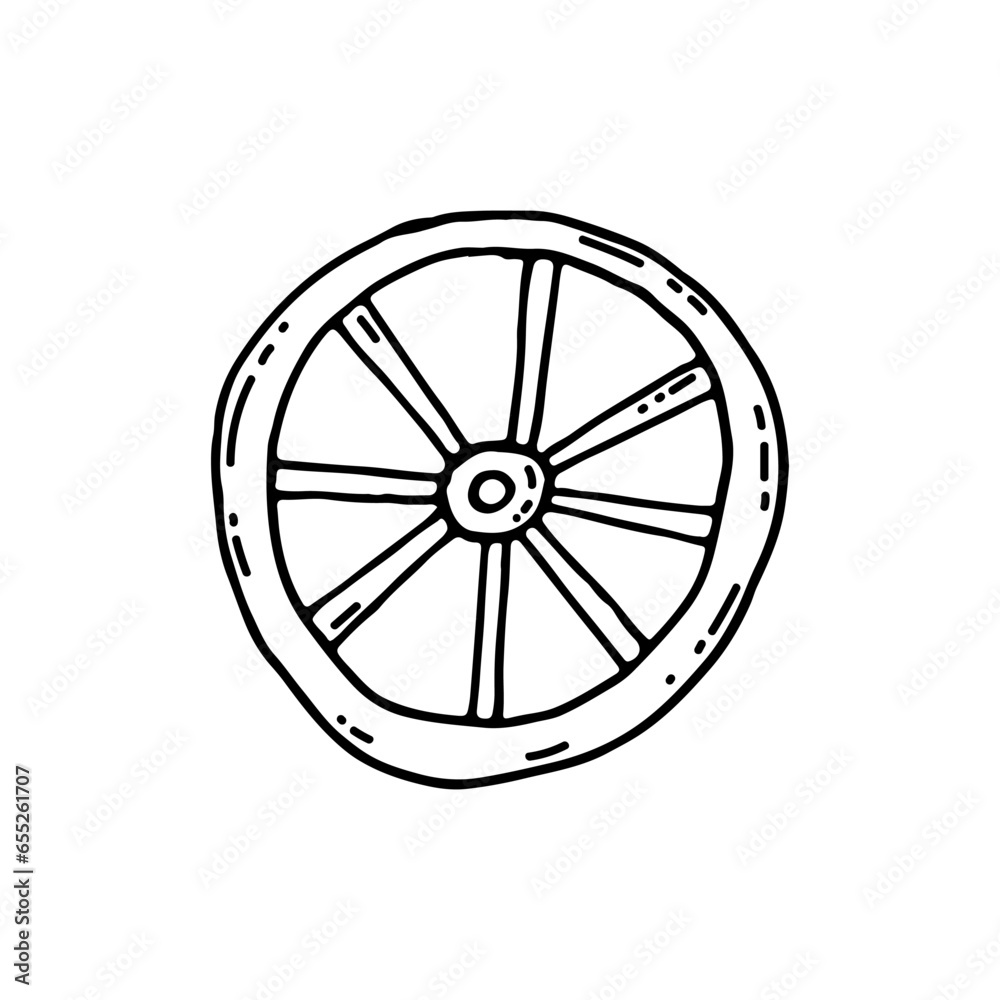 Old wooden wheel for a cart, britzka. Wild West. Doodle. Vector illustration. Hand drawn. Outline. Old wooden wheel for a cart, britzka. Wild West. Doodle. Vector illustration. Hand drawn. Outline.
