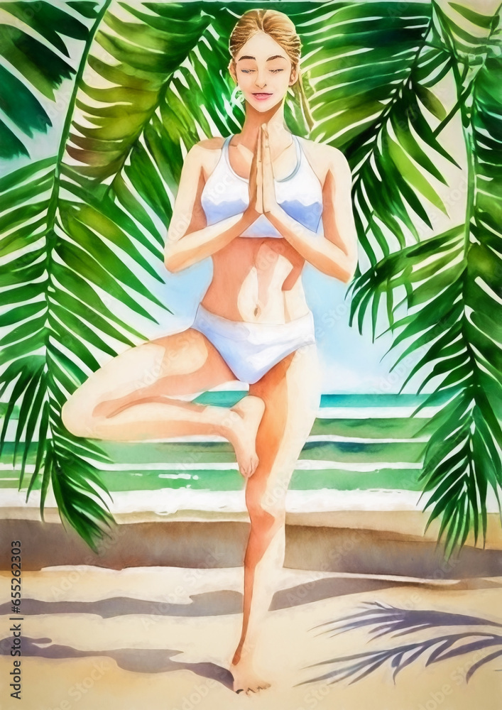 beautiful watercolour of a woman doing yoga on the beach in the tree pose ,concept of holidays ,relaxing ,