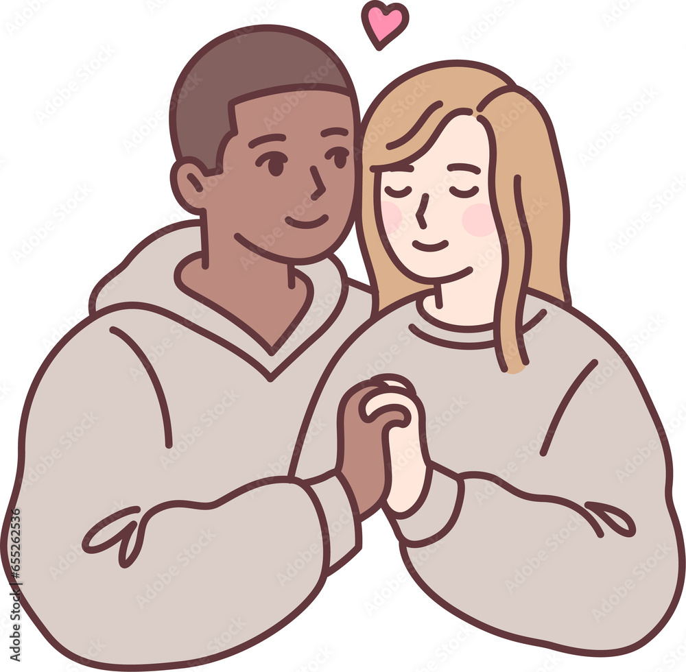 Cute young mixed race couple in love holding hands. Black guy and blonde girl in matching clothes. Simple cartoon drawing illustration. Cute young mixed race couple in love holding hands. Black guy and blonde girl in matching clothes. Simple cartoon drawing illustration.