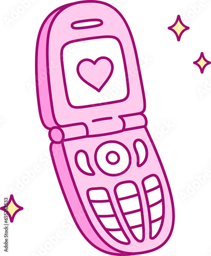 Pink retro flip phone cartoon drawing, simple and cute hand drawn illustration. Y2k aesthetic nostalgia doodle.