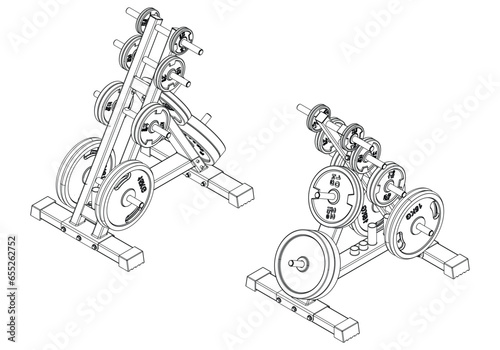 Weight plate rack stand. Fitness, cardio, and muscle building machines, equipments set at gym. Workout and training concept. Vector illustration.