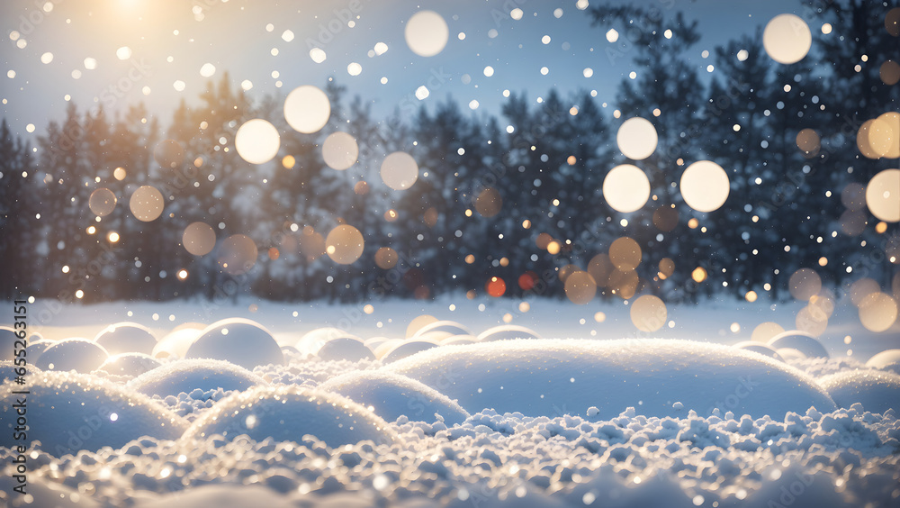 Naklejka premium winter background with snow and blurred bokeh with copy space