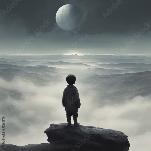 digital painting of man with a moon on the background of a hill digital painting of man with a moon on the background of a hilla man in a black jacket and a black moon on a mountain photo