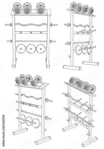 Weight Plate Storage Racks. Gym equipment on white background vector illustration. Different fitness equipment for muscle building. Workout and training concept.