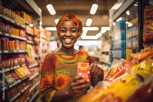Happy african woman shopping in at Supermarket ,Generative AI.