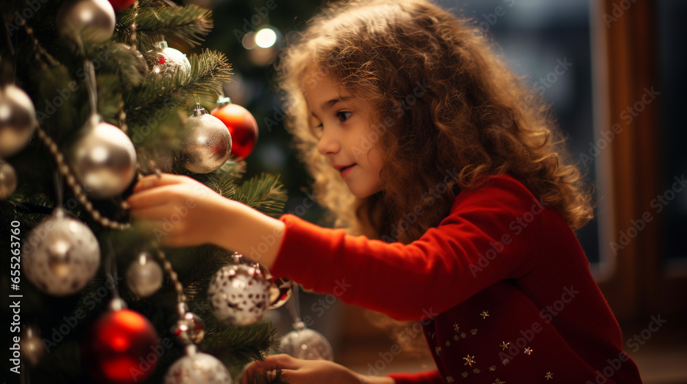 Cute girl decorating a christmas tree with christmas balls, Generative ai Cute girl decorating a christmas tree with christmas balls, Generative ai