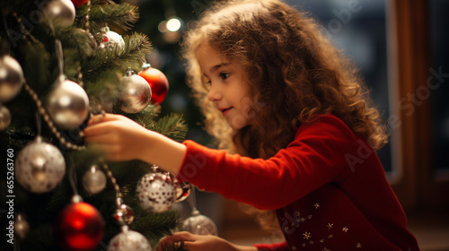 Cute girl decorating a christmas tree with christmas balls, Generative ai © Grafigator