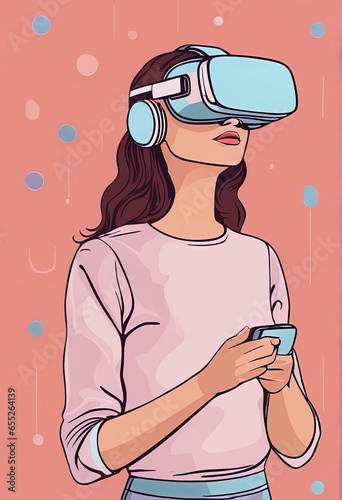 virtual reality technology. girl in virtual reality headset. vector illustration. virtual reality technology. girl in virtual reality headset. vector illustration. woman with headset in virtual realit photo