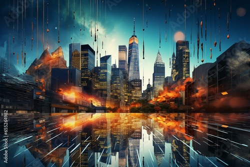 Stock market crash shown through overlapping digital indicators, declining graphs, and a modern city backdrop. Illustrates the concept of market crash in double exposure. Generative AI