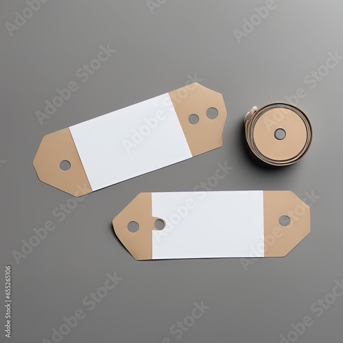 mockup business card template on gray background. 3d rendering mockup business card template on gray background. 3d rendering blank white label on a brown paper background. template for branding, iden photo