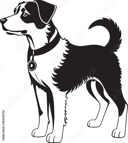 An illustration of a cute black-and-white puppy, possibly a beagle, pointer or cop dog, made in monochrome	
