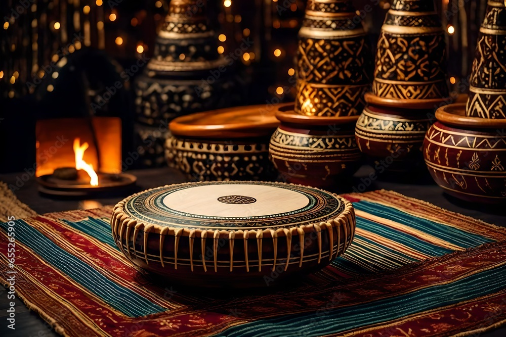 Tabla, an ethnic instrument, is used inside the chill-out. - obrazy, fototapety, plakaty 