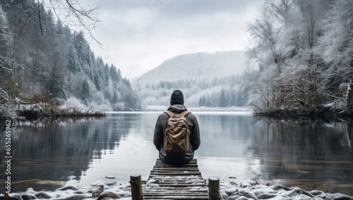 peaceful alone male man adult traveller sit casual relax on wooden deck at the end of deck with stunning reflecting lake with winter snow cold temperature scenery forest lake background