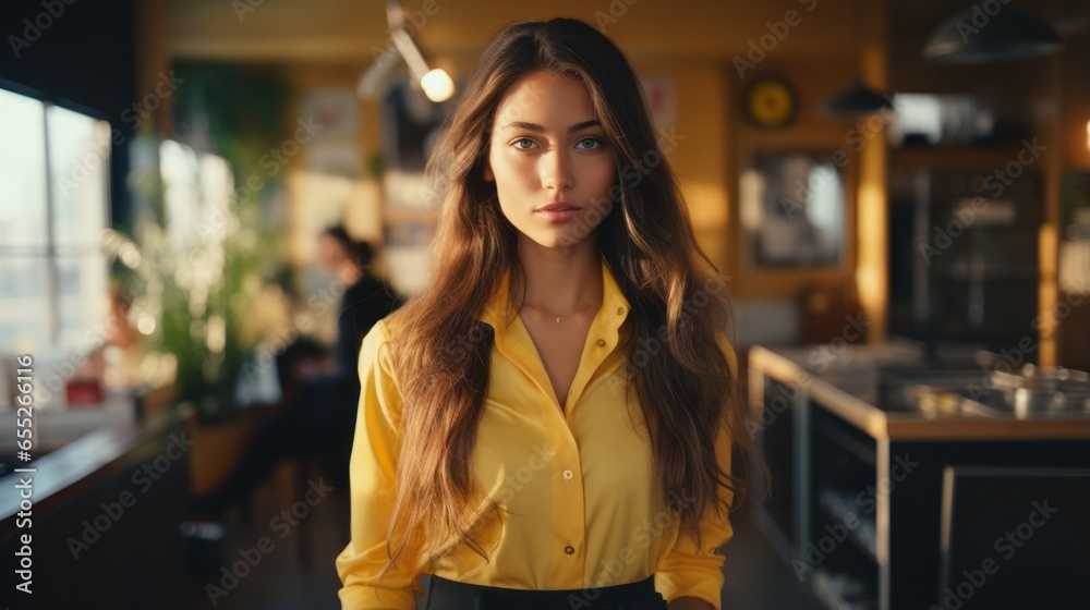 smart executive design director in stylish yellow color casual business cloth standing look at camera confident and vision thinking porttsit shot in office studio workshop - obrazy, fototapety, plakaty 