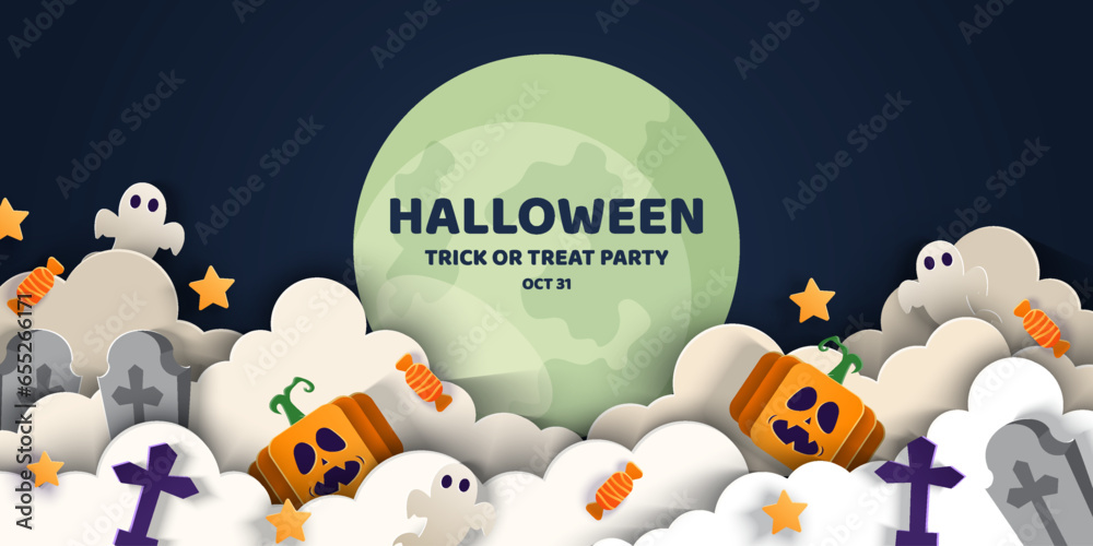 Fototapeta premium Happy Halloween banner or party invitation background in paper cut style.