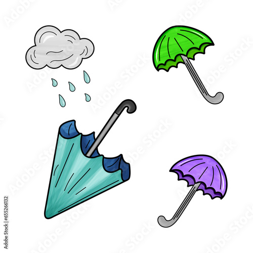 autumn watercolor set with umbrellas and clouds