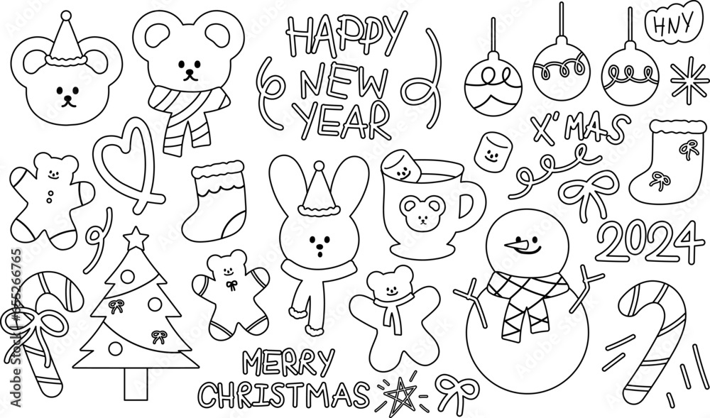 Christmas elements outline drawing including teddy bear, bunny, Xmas tree, snowman, stocking, ribbon, gingerbread man, candy cane and snow for winter sticker, decoration, tattoo, colouring book, print