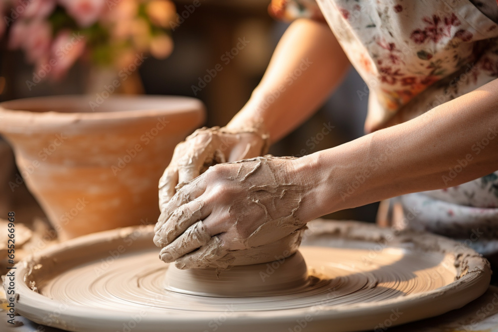 Potter's hands making a clay product. Close-up of a woman's hands in a ceramic workshop working with clay on a potter's wheel. Generative AI Potter's hands making a clay product. Close-up of a woman's hands in a ceramic workshop working with clay on a potter's wheel. Generative AI