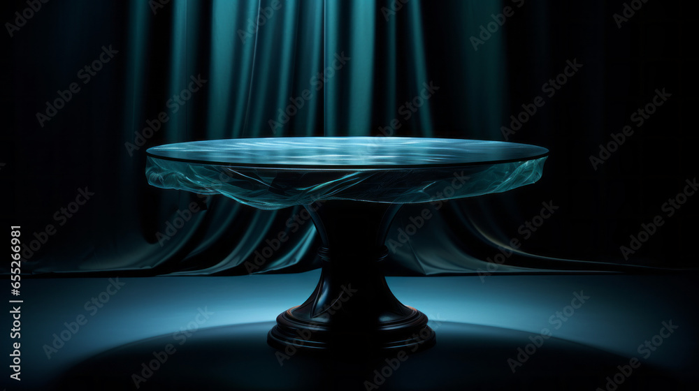 A round glass table with a black tablecloth A round glass table with a black tablecloth