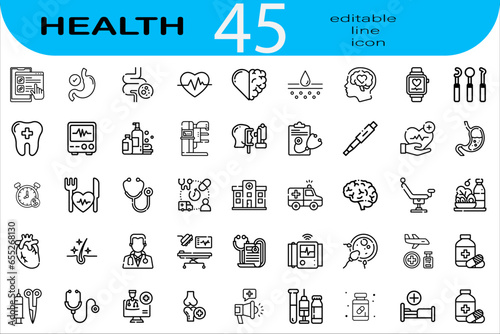 Health Line Editable Icons set. Vector illustration of modern thin line health care icons of the components of a healthy life: the mode of work and rest, physical activity. 