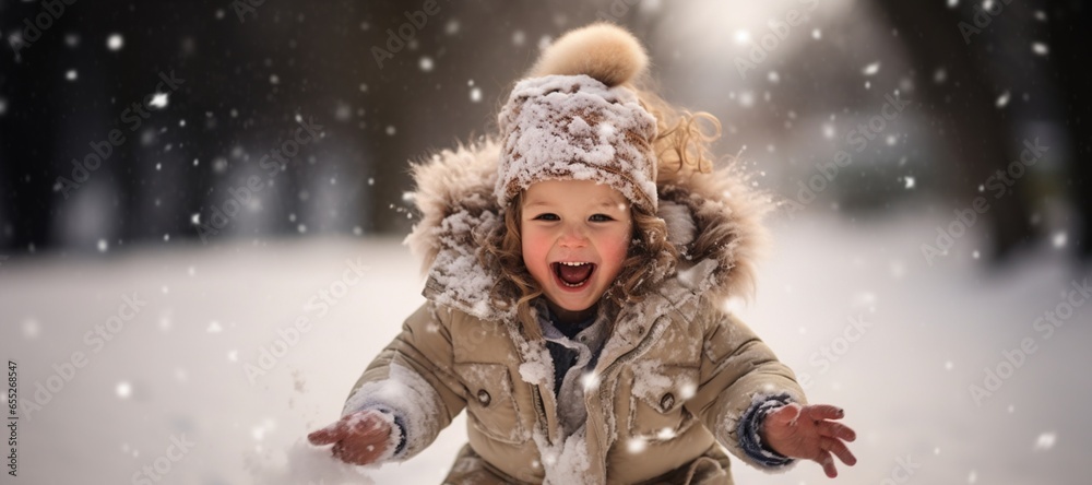 Smiling girl playing in winter snowflakes., cute little girl On a cold winter day Smiling girl playing in winter snowflakes., cute little girl On a cold winter day