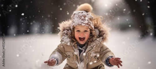 Smiling girl playing in winter snowflakes.,  cute little girl On a cold winter day  © VeloonaP