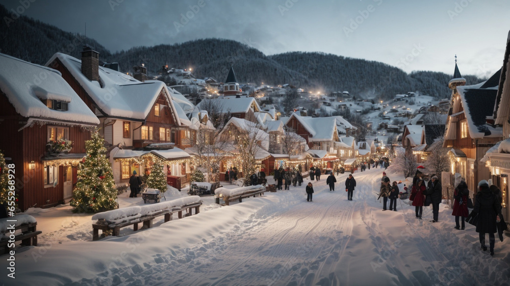 Winter village scene with snow-covered houses and twinkling lights -generative ai
