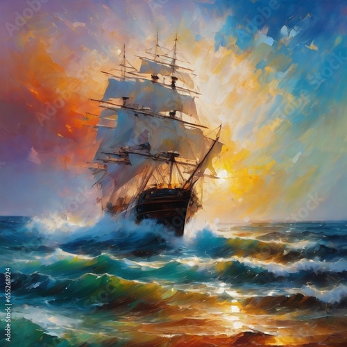 ship in the ocean, painting of ship in the sea, vibrant colors painting of ship in the sea