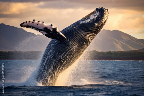 The breathtaking sight of a humpback whale breaching the surface of the ocean, signifying the love and creation of majestic and powerful marine life, love and creation