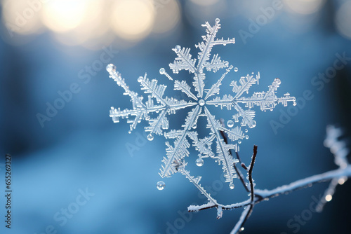 A close-up of a delicate and intricate snowflake perched on a winter branch, showcasing the love and creation of unique and ephemeral frozen art, love and creation