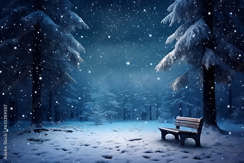 A scene of a snow-covered pine forest with wooden benches in the moonlight on a starry night. Panoramic view of the coniferous forest against the backdrop of a beautiful night sky