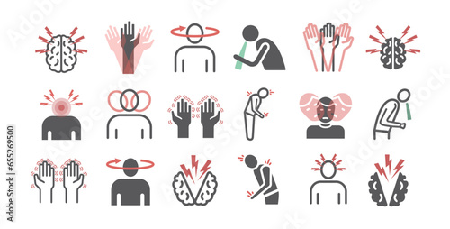Concussion. Symptoms, Treatment. Line icons set. Vector signs for web graphics.