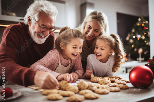 Grandparents teaching their grandchildren how to bake homemade cookies for the holidays  symbolizing the love and creation of delicious family traditions  love and creation