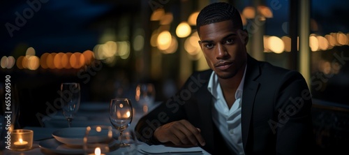 Seductive masculine young African American man in a date wearing a suit, sitting in a restaurant terrace by night, professional dating photography, Horizontal format 9:4