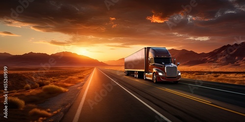 Sunset highway. Journey of freight transportation. Delivering future. Cargo trucks in motion. On road. Logistics and trucking industry. From dusk till dawn. World of cargo photo
