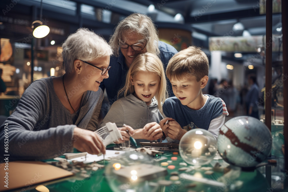 Grandparents and grandchildren exploring a science museum, nurturing a love for learning and discovery, love and creation