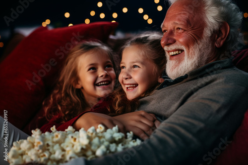 A family movie night with grandparents sharing their favorite classic films with the younger generation, love and creation