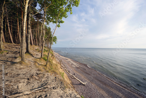 Dutch hat (Olando kepure), Baltic sea beach panorama. Karkle, Klaipeda, Lithuania. photo
