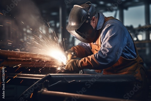 Specialized welder working on the construction of a ship in a shipyard, showcasing the precision and expertise required in shipbuilding. Generative Ai