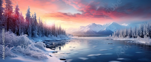 Winter lake beside the forest landscape.