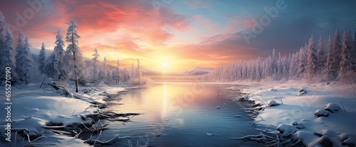 Winter lake beside the forest landscape.