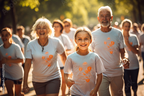 Grandparents and grandchildren participating in a charity run or walk event, emphasizing the love and creation of giving back to the community, love and creation photo