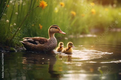 Rainy Pond Serenity: Duck Family's Collective Swim on Late Afternoon