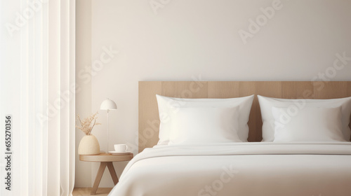 Contemporary Comfort: Minimalist Hotel Bedroom with Natural Lighting and Warm Wooden Accent