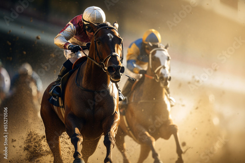 The energy and excitement of a horse race as jockeys and their mounts dash towards the finish line, illustrating the love and creation of thrilling equestrian competitions, love an