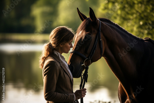 A rider's serene reflection as they bond with their horse in a quiet moment, showcasing the love and creation of introspective equestrian experiences, love and creation
