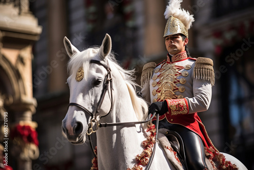 The grandeur of a rider and horse in a regal parade, symbolizing the love and creation of ceremonial equestrian events, love and creation