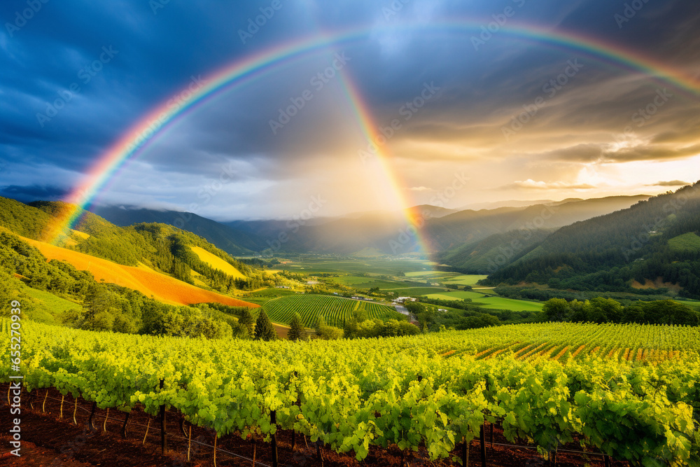 Fototapeta premium The vibrant colors of a rainbow arching over a lush landscape, symbolizing the love and creation of a harmonious Earth, love and creation