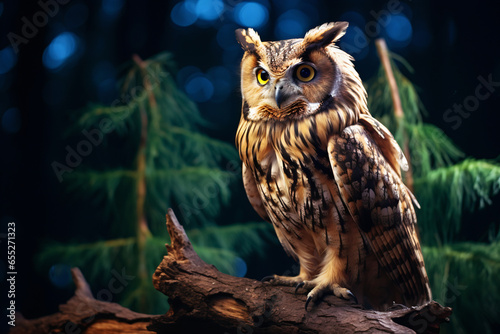 Nighttime Woods Observer: Wise Old Owl Perched on Branch in Midnight Stillness